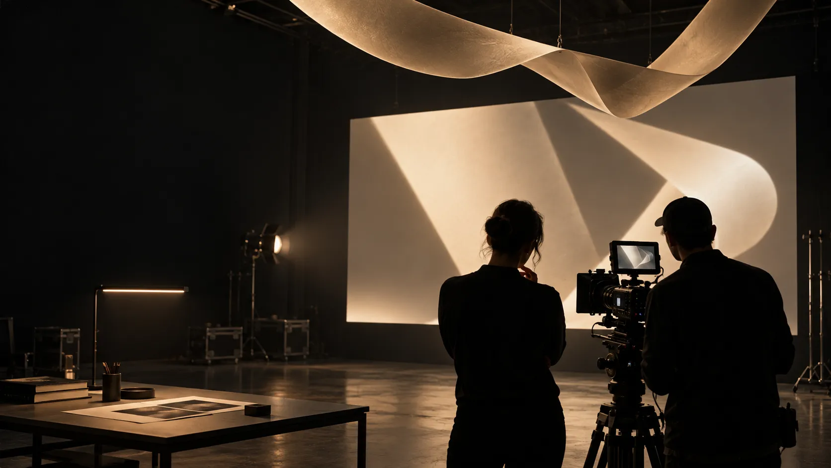 Two anonymous filmmakers review an abstract ivory projection beside a cinema camera in a dark studio