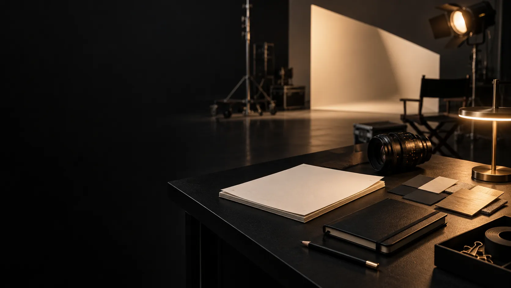 Blank treatment pages, cinema lens, and production materials on a dark studio table under warm light