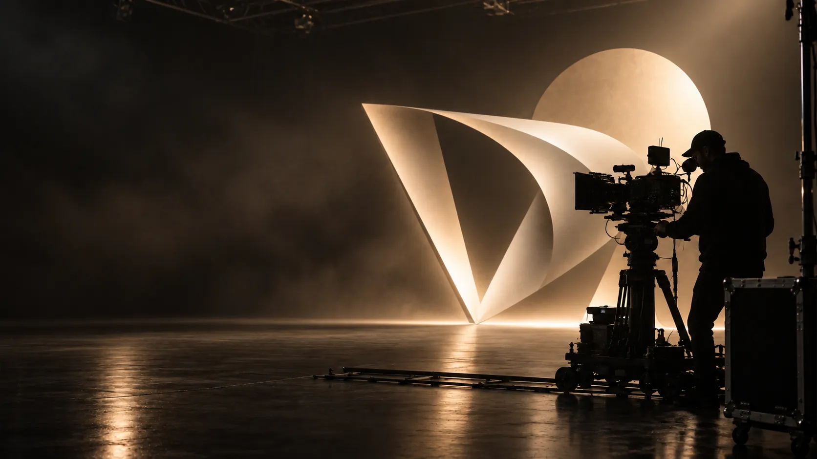 Cinema camera and crew framing a champagne-lit folded sculptural set on a dark soundstage