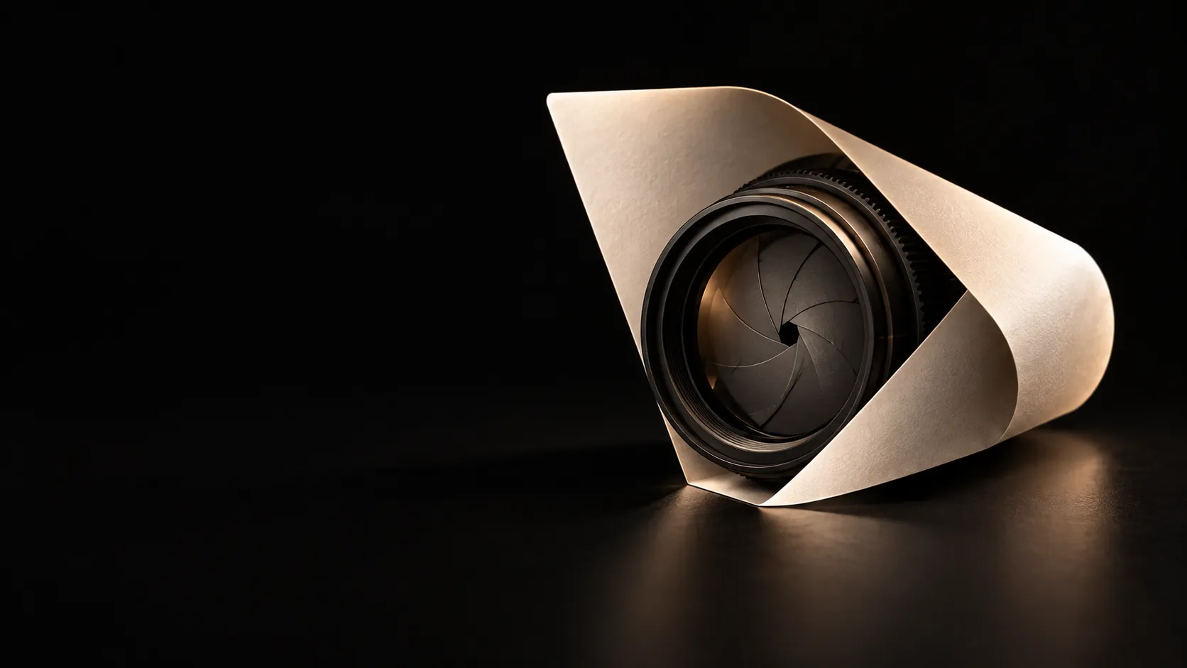 A closed cinema-lens iris held within a folded warm-ivory paper form on a black studio surface