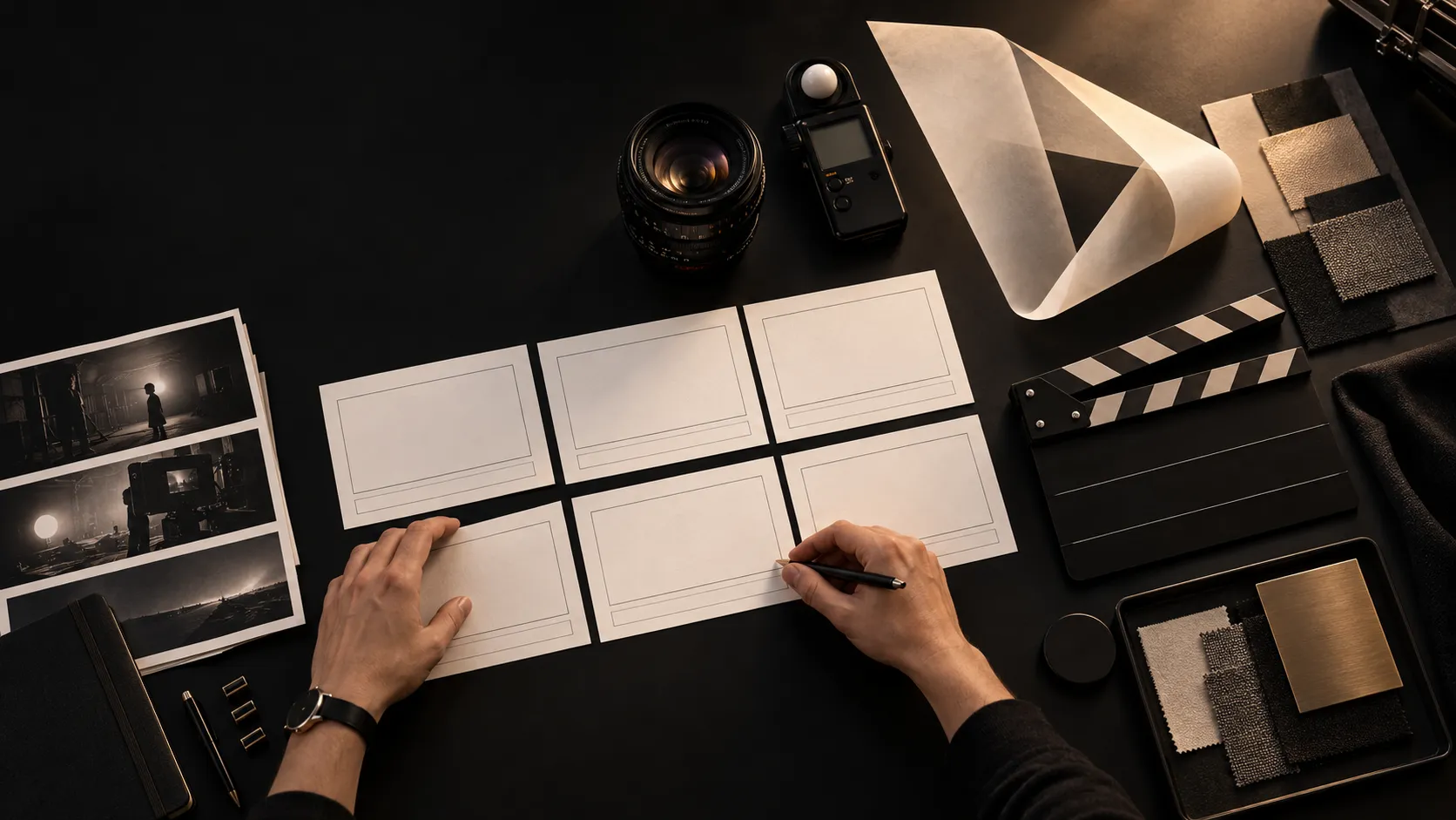 Film storyboards, lens, light meter, slate, and material swatches arranged on a dark production table