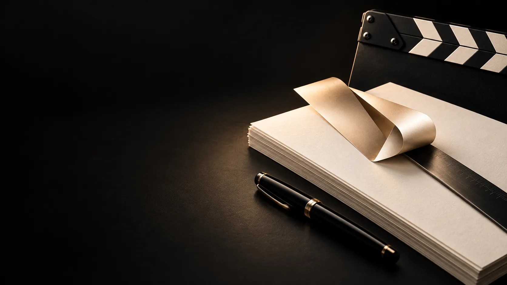 Blank ivory production paper, folded champagne ribbon, ruler, pen, and clapperboard on a black studio surface