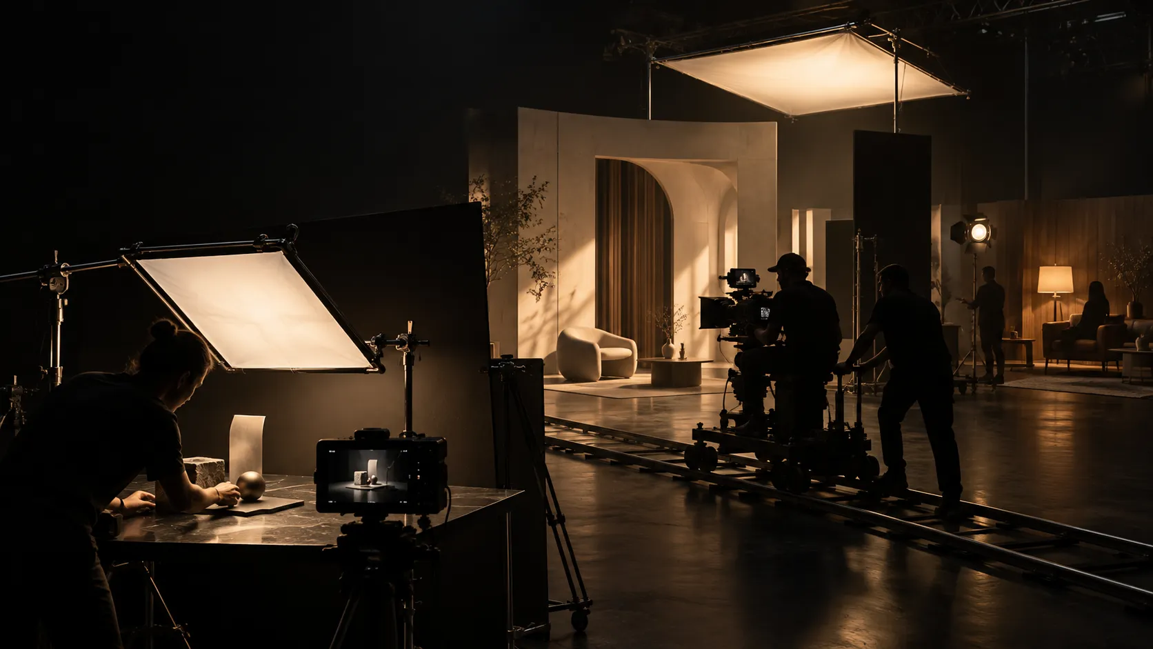 A dark soundstage with product, architectural, and narrative filming zones under warm controlled light